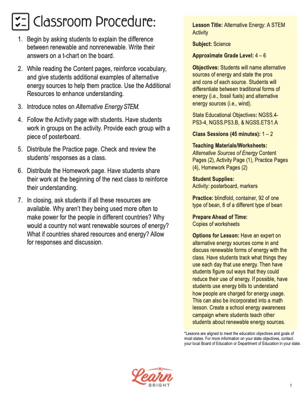 This is the teachers guide for the Alternative Energy STEM lesson plan. The orange Learn Bright logo is at the bottom of the page.