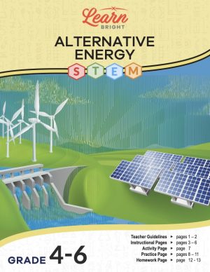 This is the title page for the Alternative Energy STEM lesson plan. The main image is an illustration of solar panels, wind turbines, and a water dam. The orange Learn Bright logo is at the top of the page.