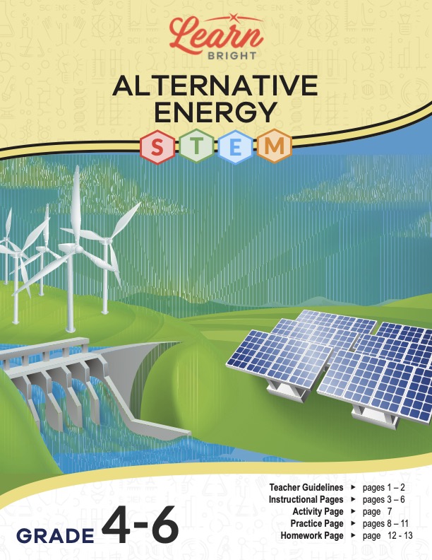 This is the title page for the Alternative Energy STEM lesson plan. The main image is an illustration of solar panels, wind turbines, and a water dam. The orange Learn Bright logo is at the top of the page.