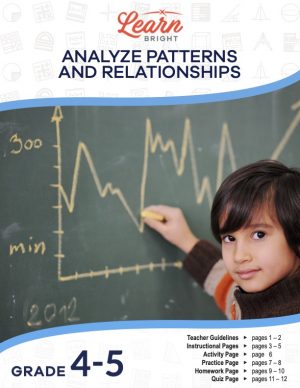 This is the title page for the Analyze Patterns and Relationships lesson plan. The main image is of a boy with chalk at a chalkboard. The orange Learn Bright logo is at the top of the page.