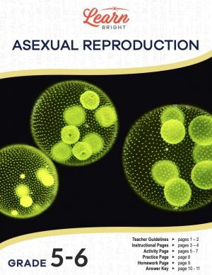 This is the title page for the Asexual Reproduction lesson plan. The main image is of green cells on a black background. The orange Learn Bright logo is at the top of the page.