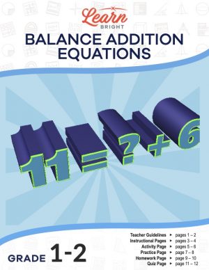 This is the title page for the Balance Addition Equations lesson plan. The main image is of a mathematical equation with one of the addends missing. The orange Learn Bright logo is at the top of the page.
