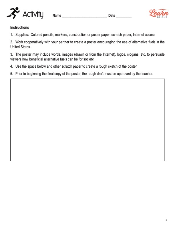This is the activity worksheet for the Biomass and Biofuels lesson plan. The orange Learn Bright logo is in the upper right corner of the page.