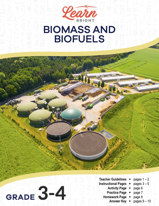 This is the title page for the Biomass and Biofuels lesson plan. The main image is of a farm or biomass energy plant of some kind. The orange Learn Bright logo is at the top of the page.