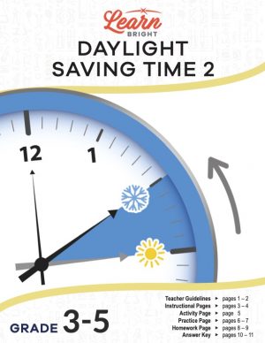 This is the title page for the Daylight Saving Time 2 lesson plan. The main image is of a clock showing a snowflake and a flower at 2 and 3 o'clock respectively. The orange Learn Bright logo is at the top of the page.