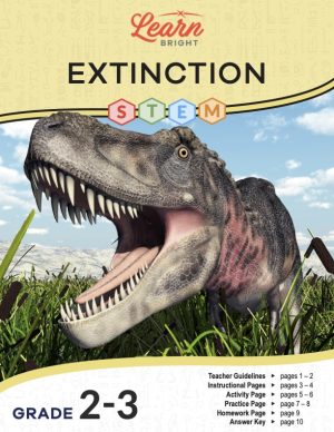 This is the title page for the Extinction STEM lesson plan. The main image is of a Tyrannosaurus Rex. The orange Learn Bright logo is at the top of the page.