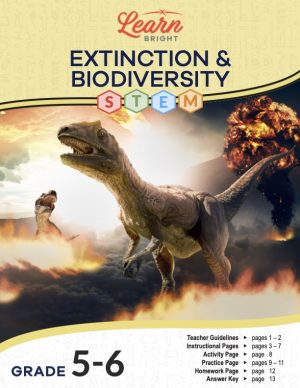 This is the title page for the Extinction and Biodiversity STEM lesson plan. The main image is of dinosaurs with an explosion in the background. The orange Learn Bright logo is at the top of the page.