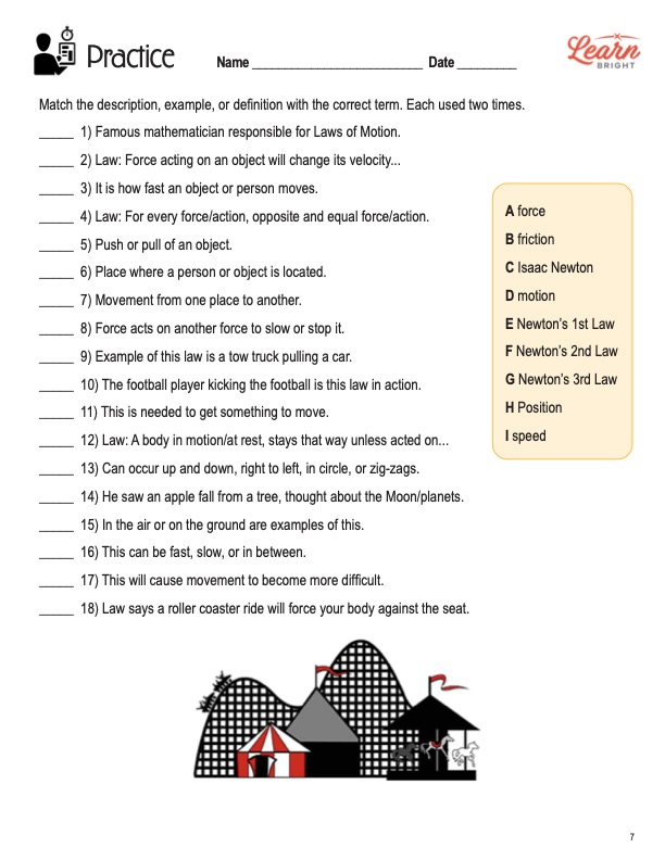 This is the practice worksheet for the Force and Motion lesson plan. There is a graphic of a roller coaster, circus tent, and carousel. The orange Learn Bright logo is in the top-right corner of the page.