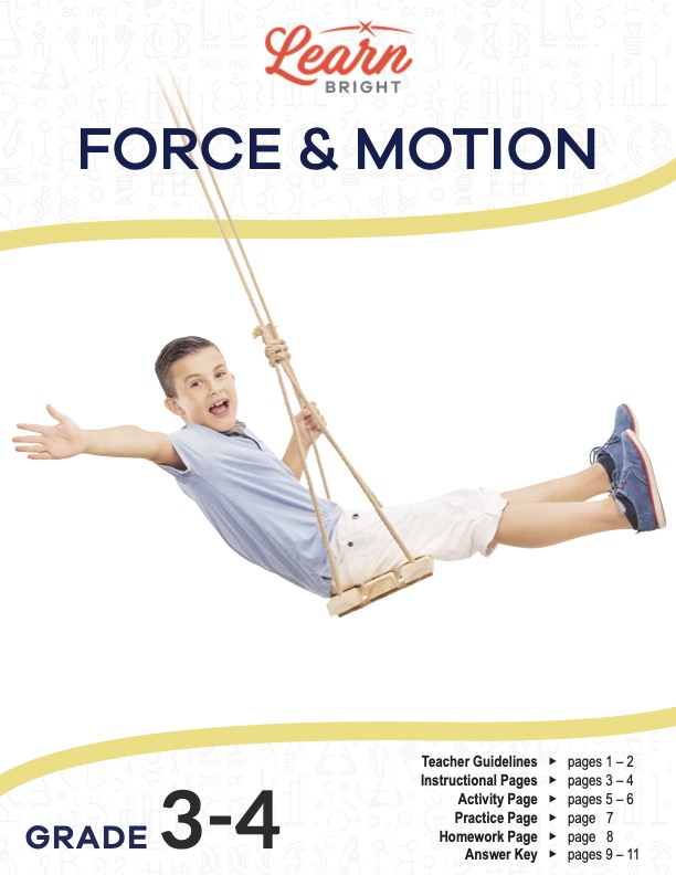 This is the title page for the Force and Motion lesson plan. The main image is of a boy swinging on a swing with one hand outstretched. The orange Learn Bright logo is at the top of the page.