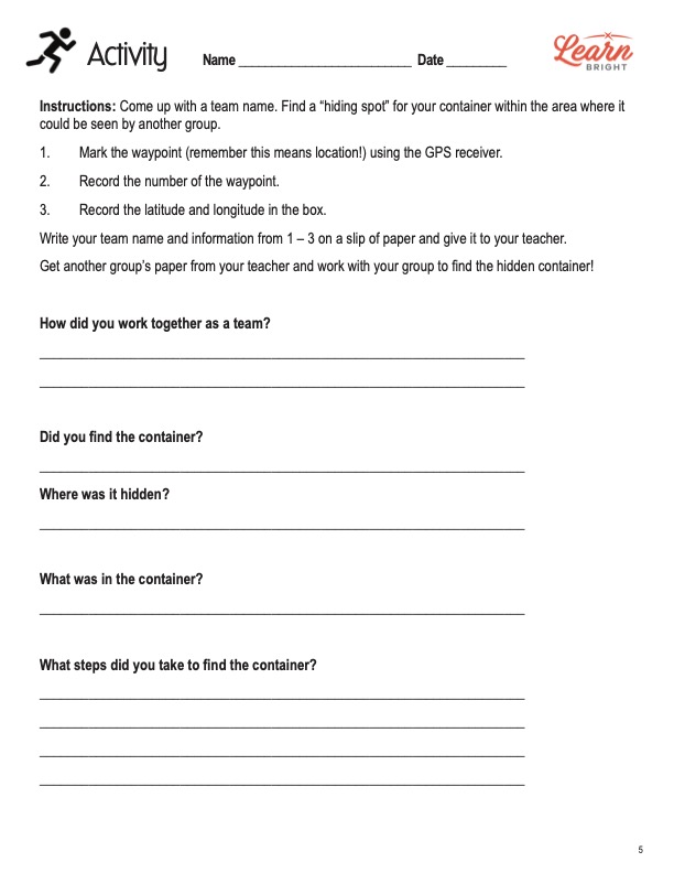 This is the activity worksheet for the GPS Satellites STEM lesson plan. The orange Learn Bright logo is in the upper right corner of the page.