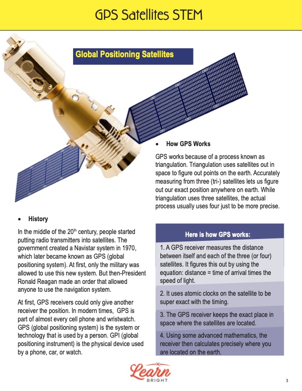This is a content page for the GPS Satellites STEM lesson plan. There is a picture of a satellite in the corner. The orange Learn Bright logo is at the bottom of the page.