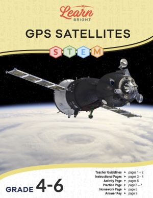 This is the title page for the GPS Satellites STEM lesson plan. The main image is of a satellite in space above what looks like a hurricane somewhere on the earth. The orange Learn Bright logo is at the top of the page.