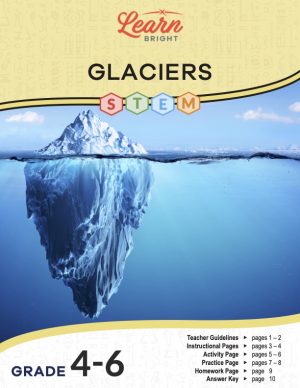 This is the title page for the Glaciers STEM lesson plan. The main image is of a glacier, both above and beneath the water line. The orange Learn Bright logo is at the top of the page.