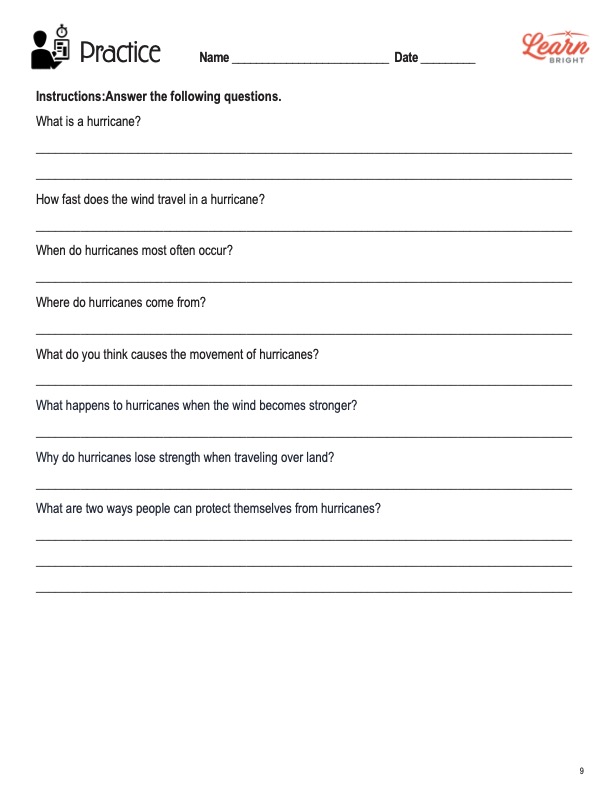 This is the practice worksheet for the Hurricanes STEM lesson plan. The orange Learn Bright logo is in the upper right corner of the page.