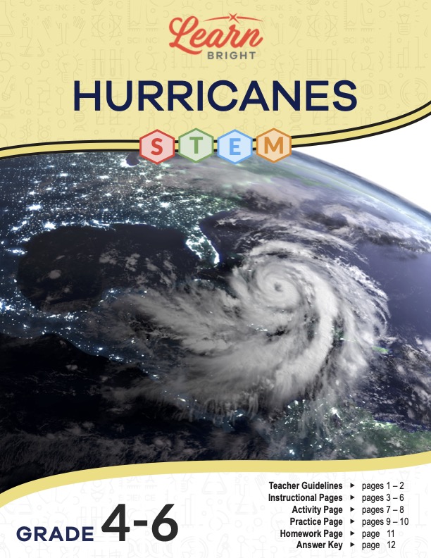 This is the title page for the Hurricanes STEM lesson plan. The main image is a of a hurricane in the Atlantic Ocean near the state of Florida. The orange Learn Bright logo is at the top of the page.