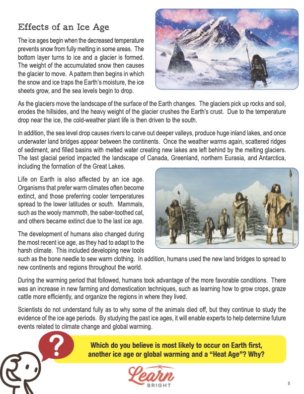 This is a content page for the Ice Ages lesson plan. There are two pictures of early humans walking along the ice and snow during an ice age. The orange Learn Bright logo is at the bottom of the page.