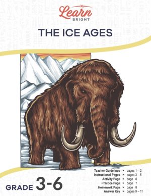 This is the title page for the Ice Ages lesson plan. The main image is a picture of a woolly mammoth. The orange Learn Bright logo is at the top of the page.