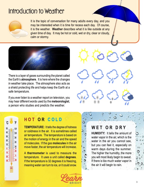 This is a content page for the Introduction to Weather lesson plan. There is a graphic of an umbrella. There is a graphic of a thermometer. There is a graphic of the sun behind a cloud. The orange Learn Bright logo is at the bottom of the page.