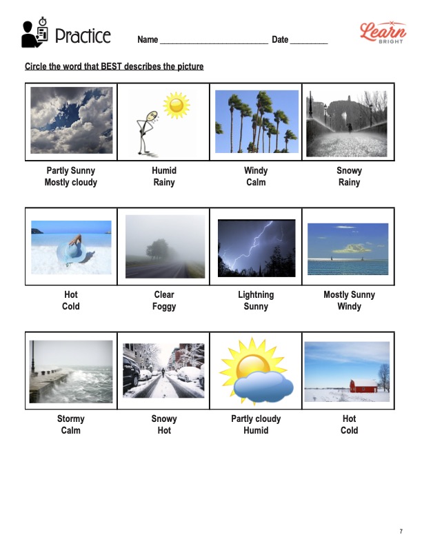 This is the practice worksheet for the Introduction to Weather lesson plan. There are images displaying different types of weather. The orange Learn Bright logo is in the top-right corner of the page.