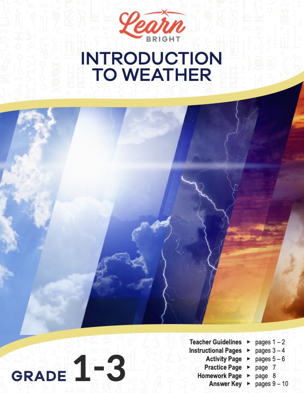 This is the title page for the Introduction to Weather lesson plan. The main image shows the sky in several different types of weather situations, such as sunny, stormy, and cloudy. The orange Learn Bright logo is at the top of the page.