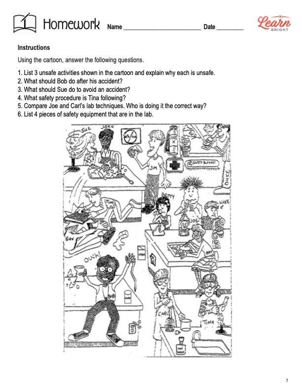 This is the homework worksheet for the Lab and Experiment Safety lesson plan. There is a picture that looks like a cartoon or comic strip image of several children in a laboratory. The orange Learn Bright logo is at the bottom of the page.