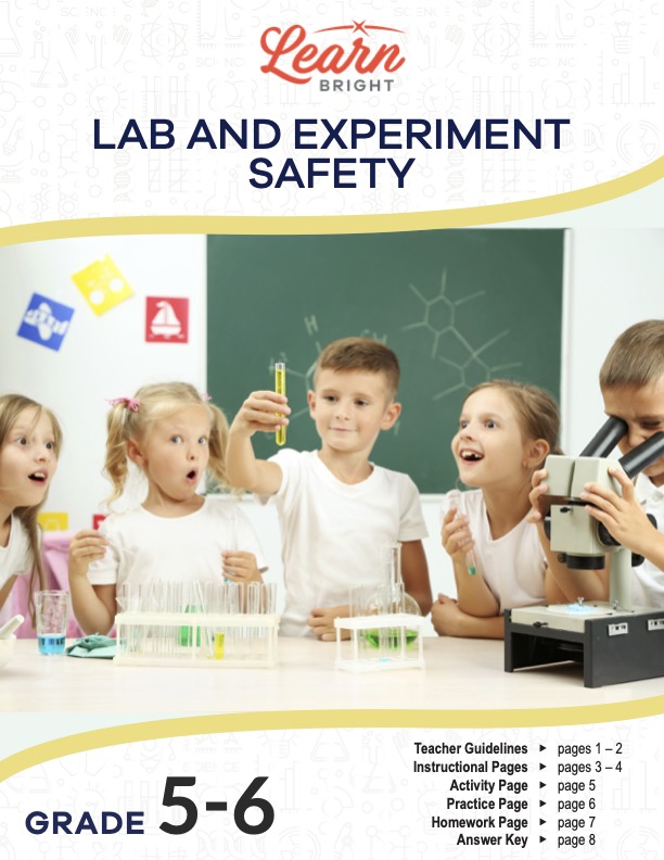 This is the title page for the Lab and Experiment Safety lesson plan. The main image is of five children working on a science experiment of some kind. One kid is holding a test tube with liquid in it while three others look at the tube with awe. The other kid is looking through a microscope. The orange Learn Bright logo is at the top of the page.