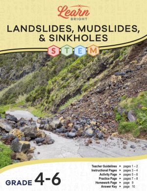 This is the title page for the Landslides, Mudslides, and Sinkholes STEM lesson plan. The main image is of a road covered in rocks and dirt and other debris. The orange Learn Bright logo is at the top of the page.