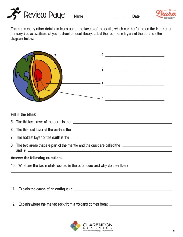 This is the practice worksheet for the Layers of the Earth lesson plan. There is a graphic of the earth with a chunk cut out to show the different layers. The orange Learn Bright logo is in the upper right corner of the page.