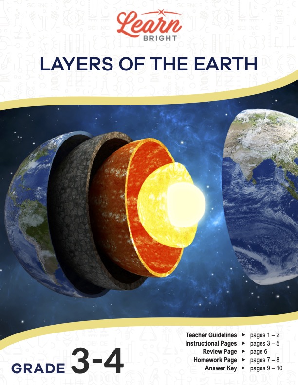 This is the title page for the Layers of the Earth lesson plan. The main image is of the earth divided into layers like nesting dolls. The orange Learn Bright logo is at the top of the page.