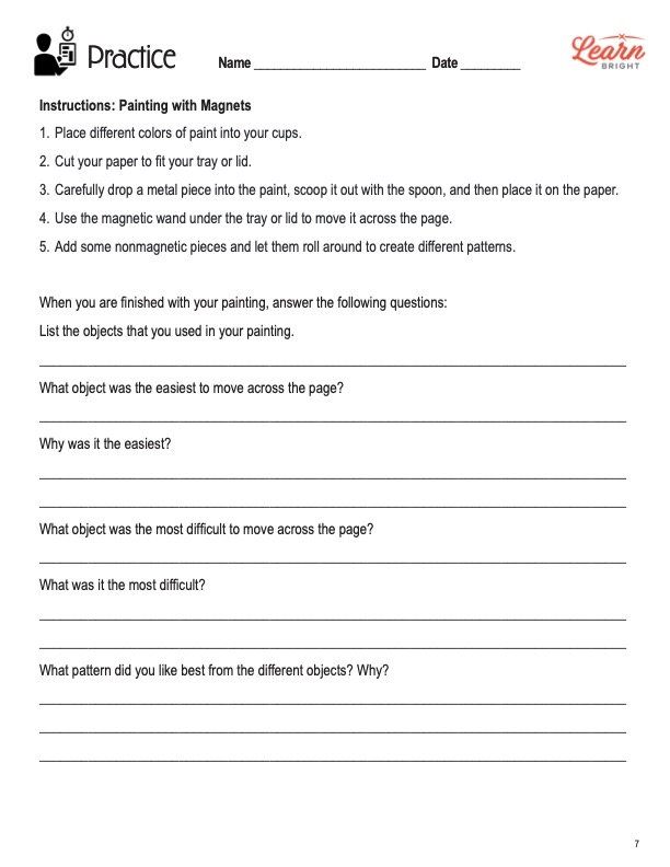 This is the practice worksheet for the Magnets and Electricity STEM lesson plan. The orange Learn Bright logo is in the top-right corner of the page.
