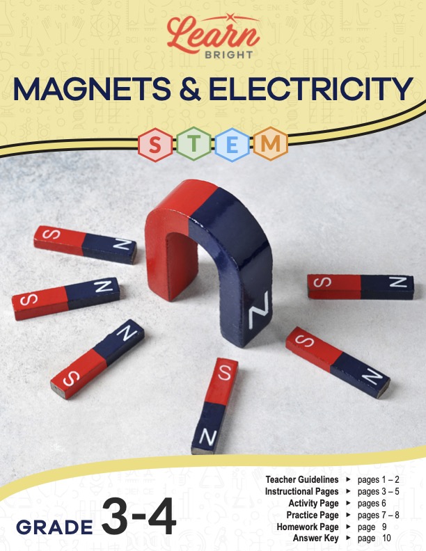 This is the title page for the Magnets and Electricity STEM lesson plan. The main image is of a U-shaped magnet attracting six other magnets. The orange Learn Bright logo is at the top of the page.