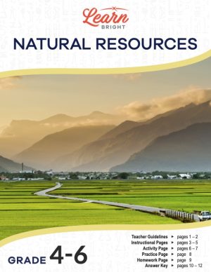 This is the title page for the Natural Resources lesson plan. The main image is of a green farming field with mountains in the background. The orange Learn Bright logo is at the top of the page.