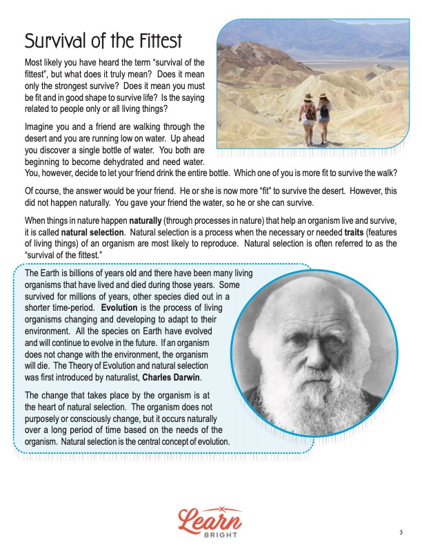 This is a content page for the Natural Selection lesson plan. There is a photo of Charles Darwin. There is a photo of two people walking in a sandy desert. The orange Learn Bright logo is at the bottom of the page.