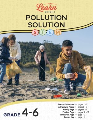 This is the title page for the Pollution Solution STEM lesson plan. The main image is of four people picking up trash on a beach. The orange Learn Bright logo is at the top of the page.
