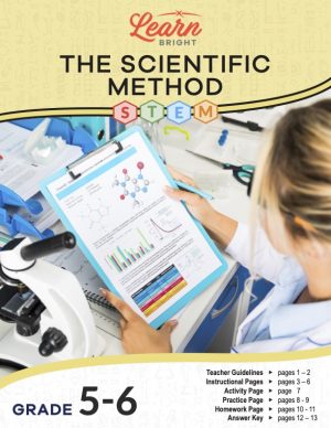 This is the title page for the Scientific Method STEM lesson plan. The main image shows a scientist looking at diagrams and graphs. A microscope and some other equipment is on the desk. The orange Learn Bright logo is at the top of the page.