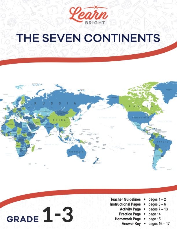 This is the title page for the Seven Continents lesson plan. The main image shows a map of the world with the countries in differentiated by shades of green and blue. The orange Learn Bright logo is at the top of the page.