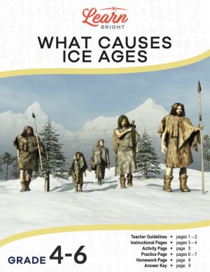 This is the title page for the What Causes Ice Ages lesson plan. The main image is of cave people walking along snowy terrain. The orange Learn Bright logo is at the top of the page.
