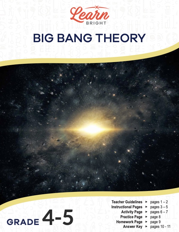 This is the title page for the Big Bang Theory lesson plan. The main image is of some kind of explosion in outer space with a bright light in the middle and a bunch of small space rocks around it. The orange Learn Bright logo is at the top of the page.