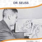 This is the title page for the Dr. Seuss lesson plan. The main image is of Theodor Geisel, or Dr. Seuss, sketching a picture of the Grinch. The orange Learn Bright logo is at the top of the page.