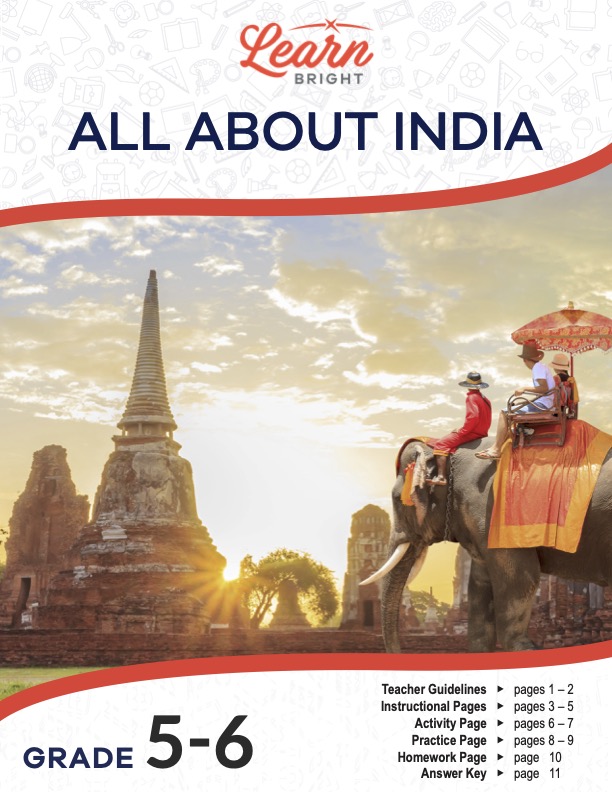 This is the title page for the All about India lesson plan. The main image is of an ancient Indian city and a couple people riding on the back of an elephant. The orange Learn Bright logo is at the top of the page.
