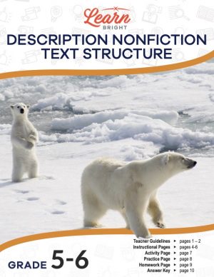 This is the title page for the Description Nonfiction Text Structure lesson plan. There is an image of two polar traveling across the snow. The orange Learn Bright logo is at the top of the page.