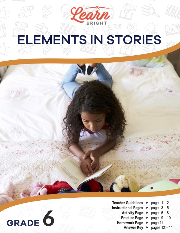 This is the title page for the Elements in Stories lesson plan. The main image is of a young girl reading a book on her bed. The orange Learn Bright logo is at the top of the page.