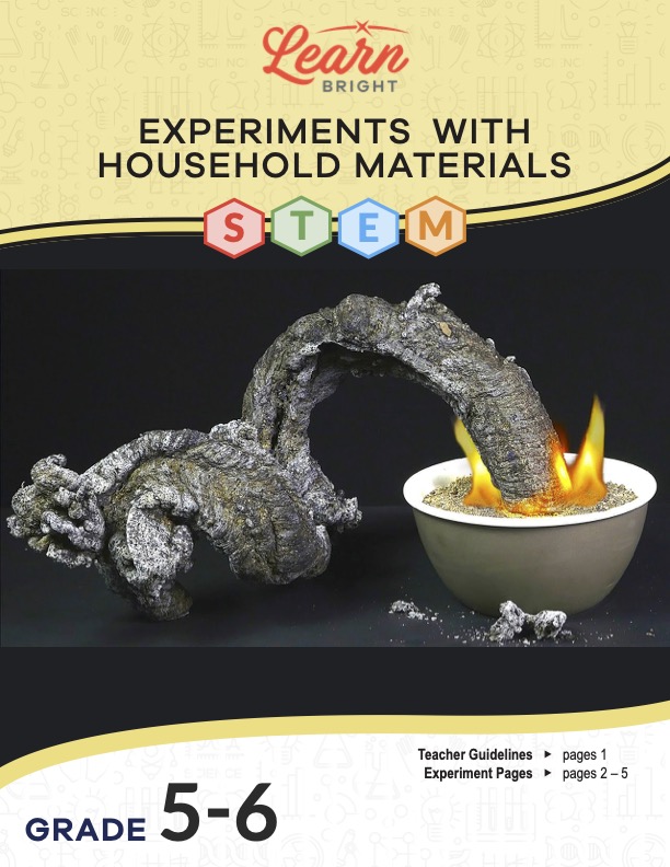 This is the title page for the Experiments with Household Materials STEM lesson plan. The main image shows something burnt coming out of a bowl containing some substance and glowing with fire. The orange Learn Bright logo is at the top of the page.