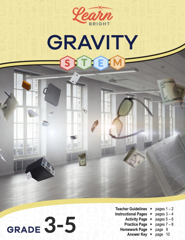 This is the title page for the Gravity STEM lesson plan. The main image is of a room with objects floating in the air, such as sunglasses and dollar bills. The orange Learn Bright logo is at the top of the page.