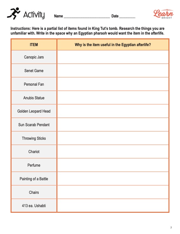 This is the activity worksheet for the King Tut lesson plan. The orange Learn Bright logo is in the upper right corner of the page.