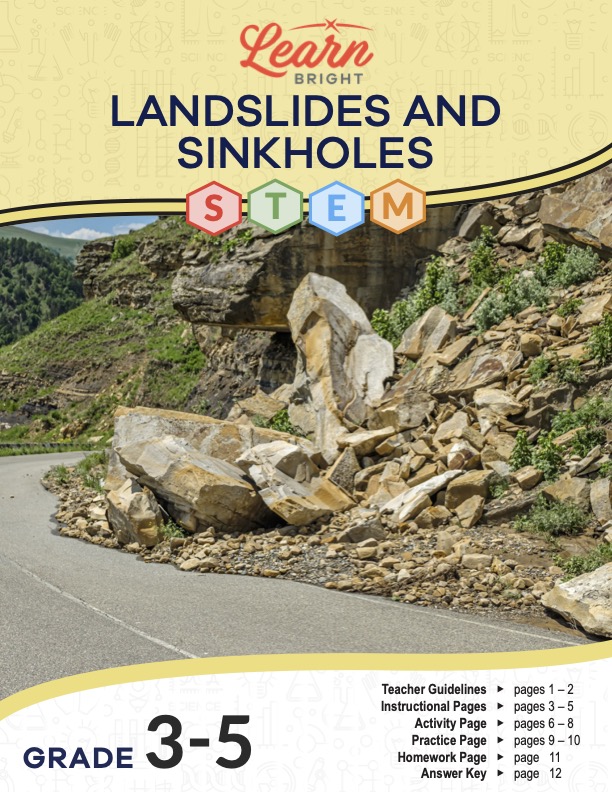 This is the title page for the Landslides and Sinkholes STEM lesson plan. The main image shows a road curving around a mountain with rocks covering part of it as the result of a landslide. The orange Learn Bright logo is at the top of the page.