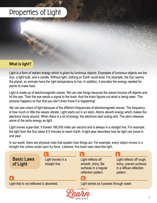 This is a content page for the Properties of Light STEM lesson plan. There is a photo showing light coming through a small hole of a cave. The orange Learn Bright logo is at the bottom of the page.