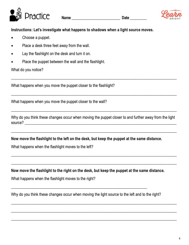 This is the practice worksheet for the Properties of Light STEM lesson plan. The orange Learn Bright logo is in the upper right corner of the page.