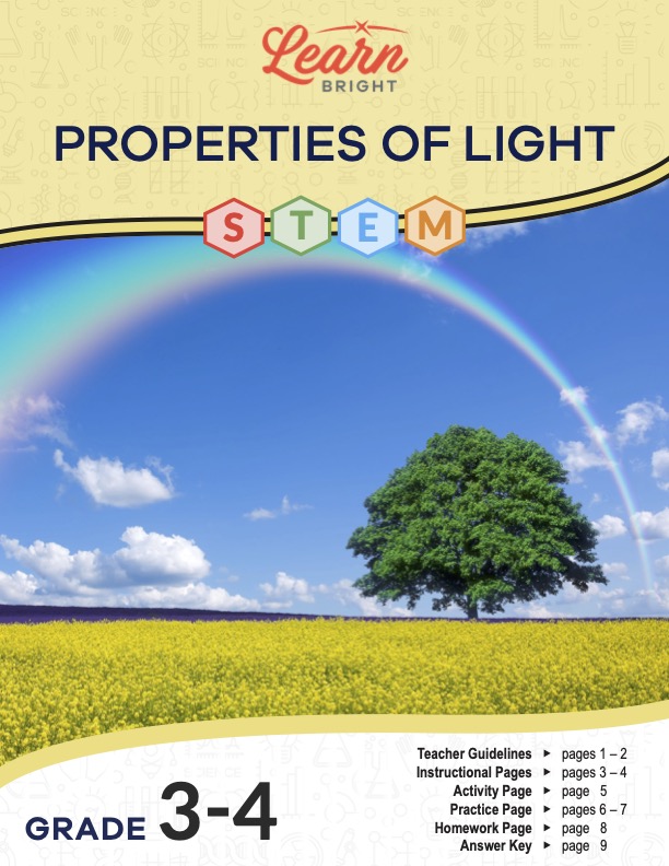 This is the title page for the Properties of Light STEM lesson plan. The main image is of a tree in a flat grassy field with a rainbow in the sky. The orange Learn Bright logo is at the top of the page.