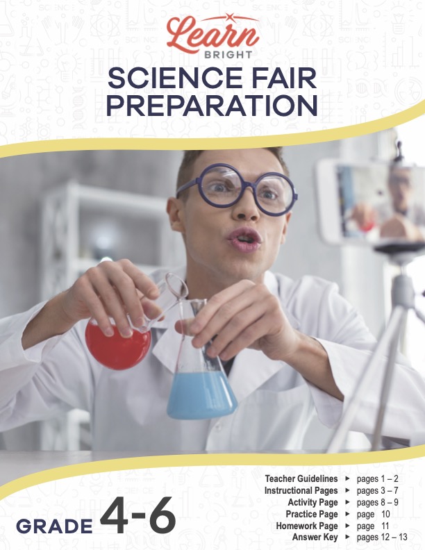 This is the title page for the Science Fair Preparation lesson plan. The main image is of a teacher wearing protective goggles and a lab coat and pouring a red liquid from one beaker into another that contains a blue liquid. The orange Learn Bright logo is at the top of the page.